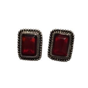 Vintage Sterling Silver 925 Red Glass Square Pierced Earrings 1"